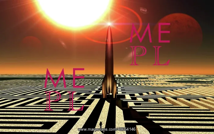 : A rocket at the center of a maze with a lone figure : A rocket at the center of a maze with a lone figure