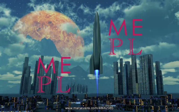 : A rocket launching from a futuristic city on an : A rocket launching from a futuristic city on an
