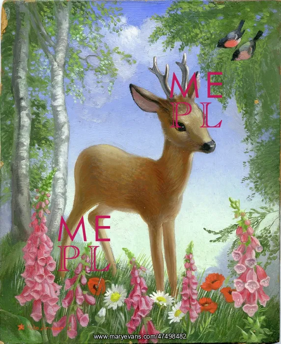 : Roebuck amongst flowers and birch trees : Roebuck amongst flowers and birch trees