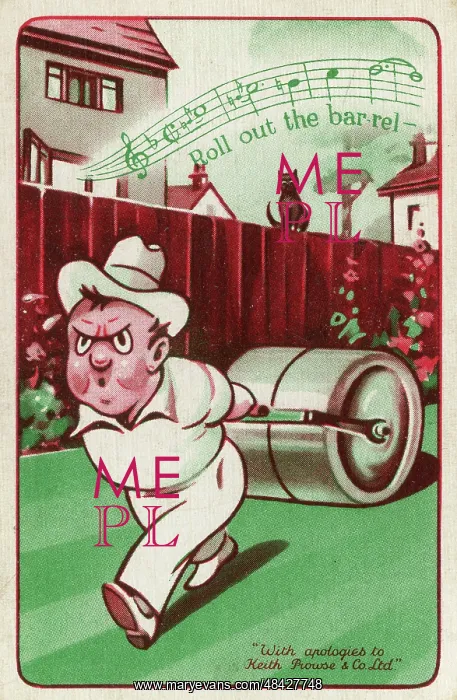 : Roll out the barrel, cartoon gardener rolling lawn : Roll out the barrel, cartoon gardener rolling lawn