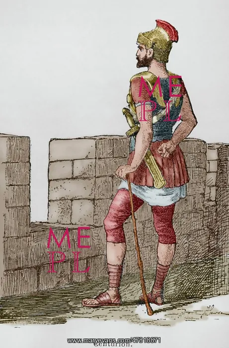 : Roman centurion. Engraving. Later colouration : Roman centurion. Engraving. Later colouration