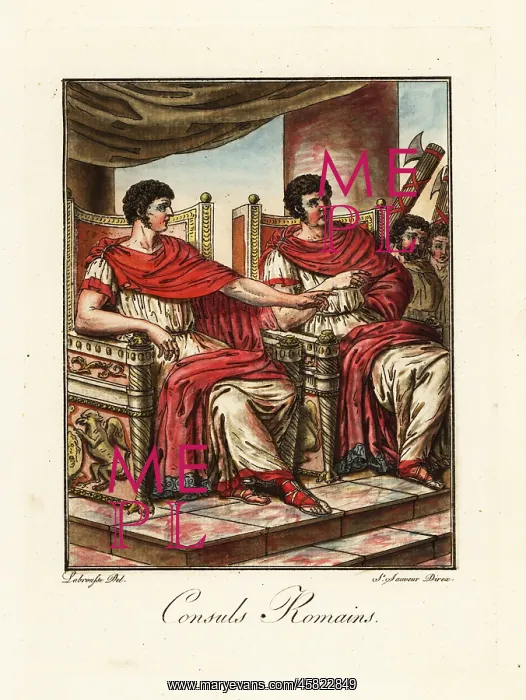 : Two Roman consuls seated on thrones in ancient Rome : Two Roman consuls seated on thrones in ancient Rome