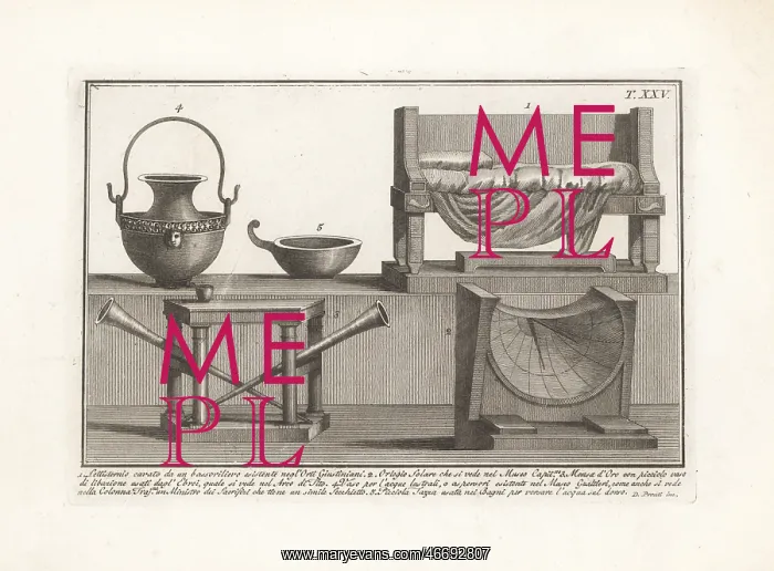 : Roman couch, sun dial, table, jar, and bathing cup : Roman couch, sun dial, table, jar, and bathing cup
