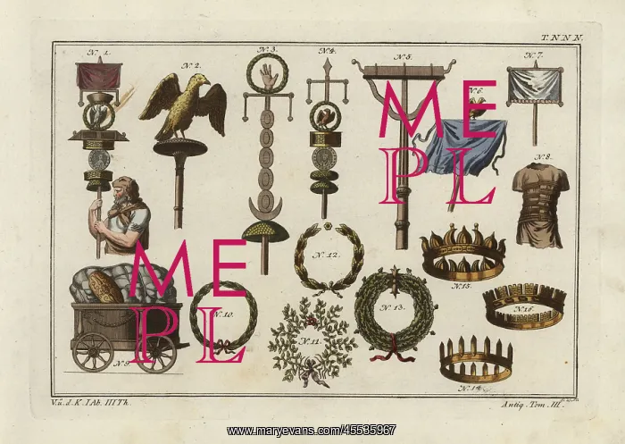 : Roman ensigns, baggage chariot and crowns : Roman ensigns, baggage chariot and crowns
