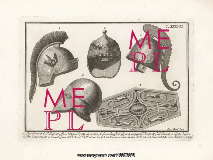 : Roman and Etruscan helmets and shield : Roman and Etruscan helmets and shield