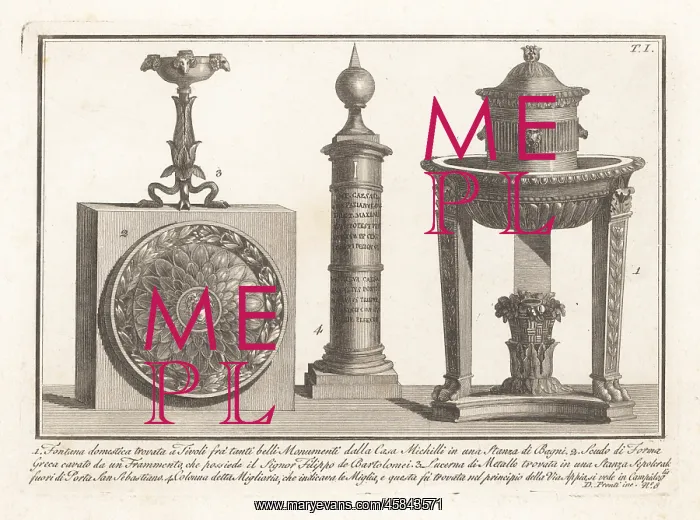 : Roman fountain, shield, torch, and milestone : Roman fountain, shield, torch, and milestone