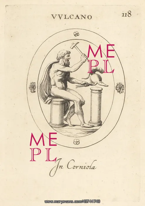 : Roman god Vulcan creating a helmet : Roman god Vulcan creating a helmet