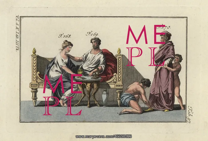 : Roman married couple seated on a sofa in front : Roman married couple seated on a sofa in front