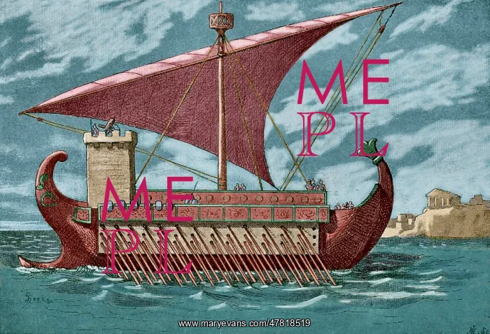 : Roman trireme. Engraving. Later colouration : Roman trireme. Engraving. Later colouration
