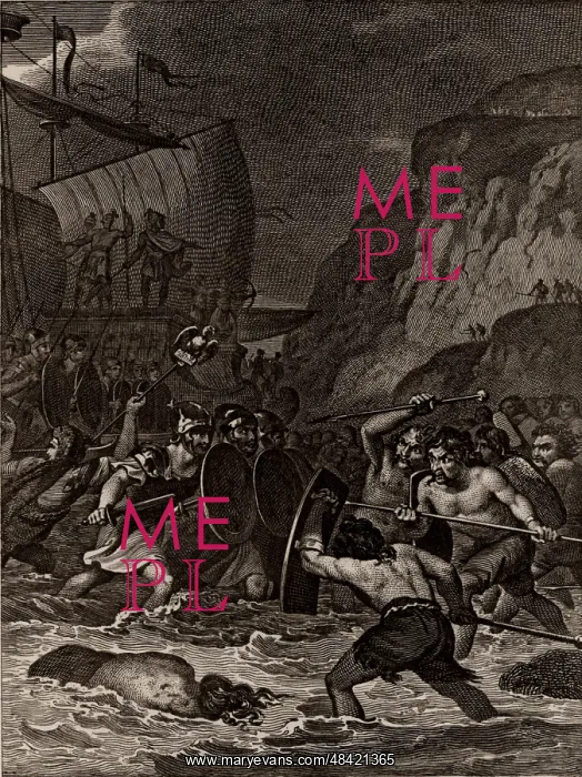 : Roman troops under Julius Caesar invading Britain in 55 BC : Roman troops under Julius Caesar invading Britain in 55 BC