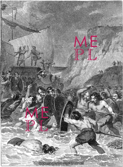 : Roman troops under Julius Caesar landing on the : Roman troops under Julius Caesar landing on the
