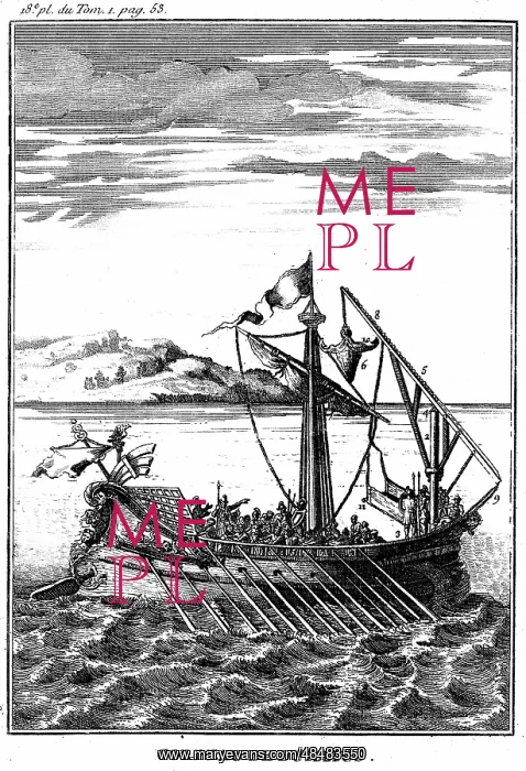 : Roman war galley equipped with a corvus (right) : Roman war galley equipped with a corvus (right)