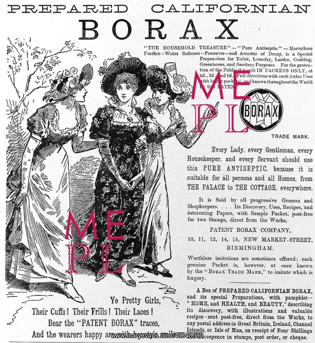 : Borax. A romantically styled ad for Borax antiseptic from 1885 : Borax. A romantically styled ad for Borax antiseptic from 1885