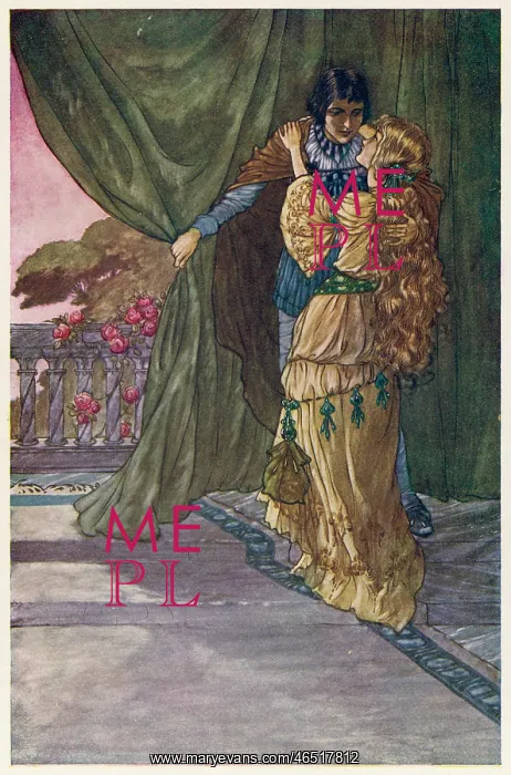 : Romeo and Juliet in an Embrace Behind Curtains : Romeo and Juliet in an Embrace Behind Curtains