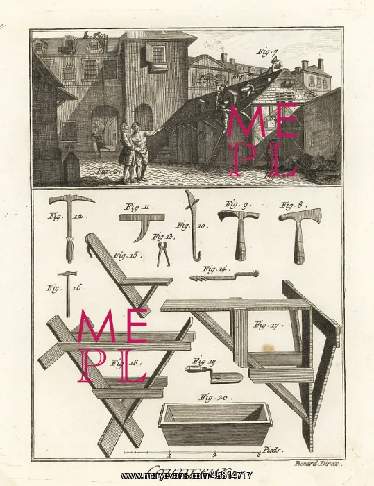 : Roofers working on a building, 18th century : Roofers working on a building, 18th century