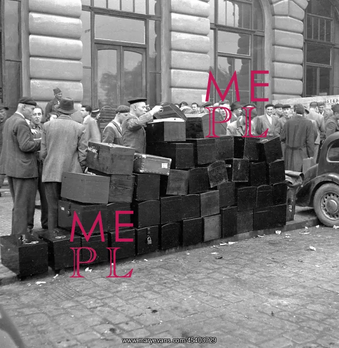 : Rookies. Czechoslovakia - Prague 1950. Suitcases belonging to drafted soldiers : Rookies. Czechoslovakia - Prague 1950. Suitcases belonging to drafted soldiers