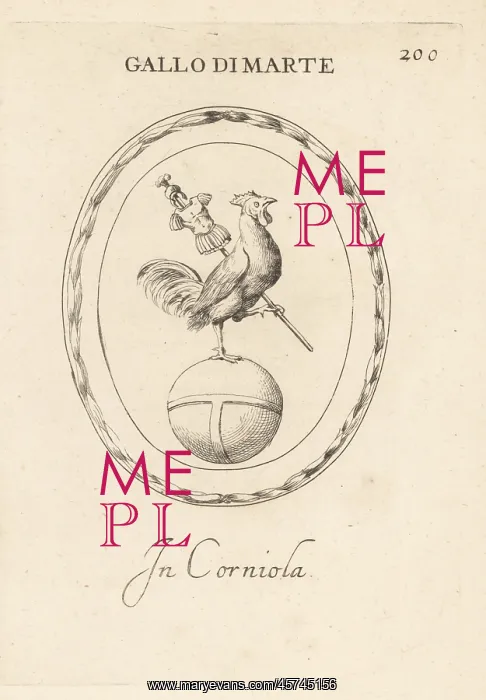 : Rooster of Mars, Roman god of war, on a globe : Rooster of Mars, Roman god of war, on a globe