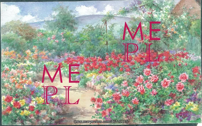 : In the Rose Garden'. Garden with path and flower borders : In the Rose Garden'. Garden with path and flower borders