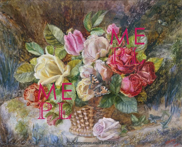 : Roses in a Basket with Tortoiseshell Butterfly : Roses in a Basket with Tortoiseshell Butterfly