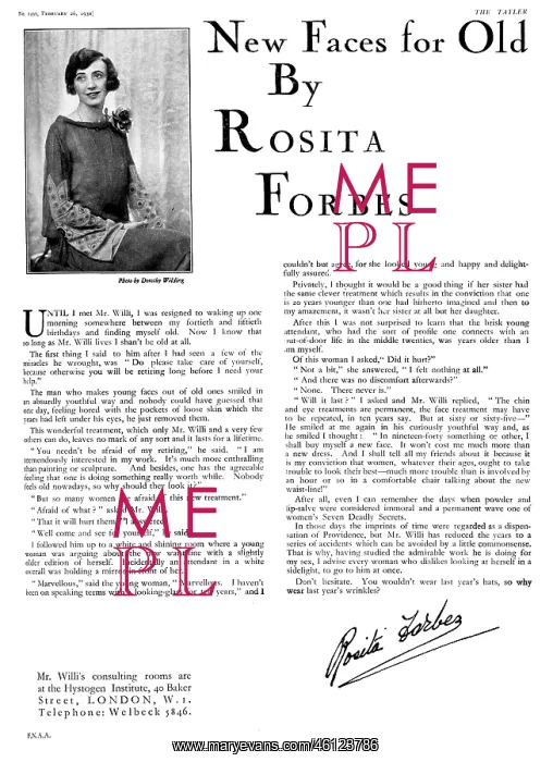 : Rosita Forbes endorsing Mr Willi, plastic surgeon : Rosita Forbes endorsing Mr Willi, plastic surgeon