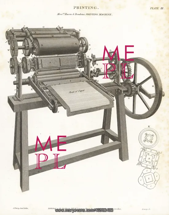 : Rotary press printing machine patented by Bacon and Donkin : Rotary press printing machine patented by Bacon and Donkin