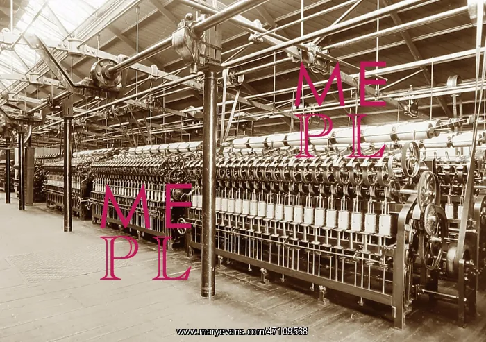 : Roving machines in a woollen mill in Bradford : Roving machines in a woollen mill in Bradford