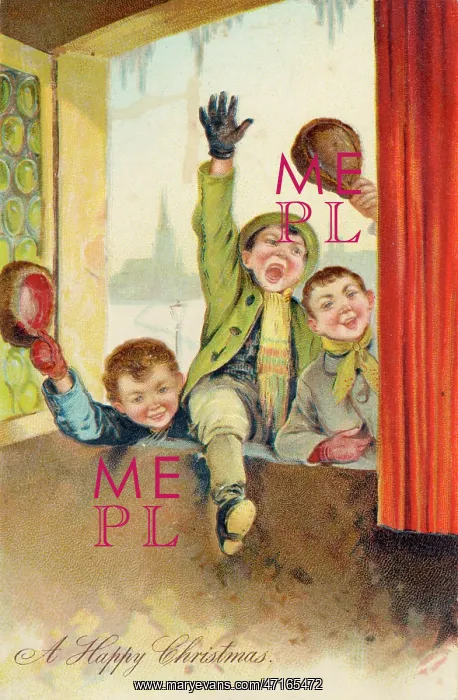 : Three rowdy boys at an open window celebrate Christmas : Three rowdy boys at an open window celebrate Christmas