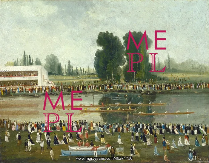 : Rowing Scene: Crowds Watching from the River Banks : Rowing Scene: Crowds Watching from the River Banks