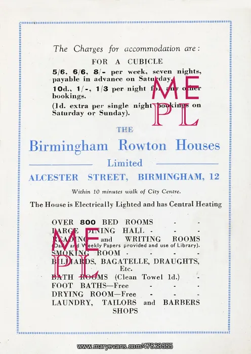 : Rowton House, Birmingham Charges : Rowton House, Birmingham Charges