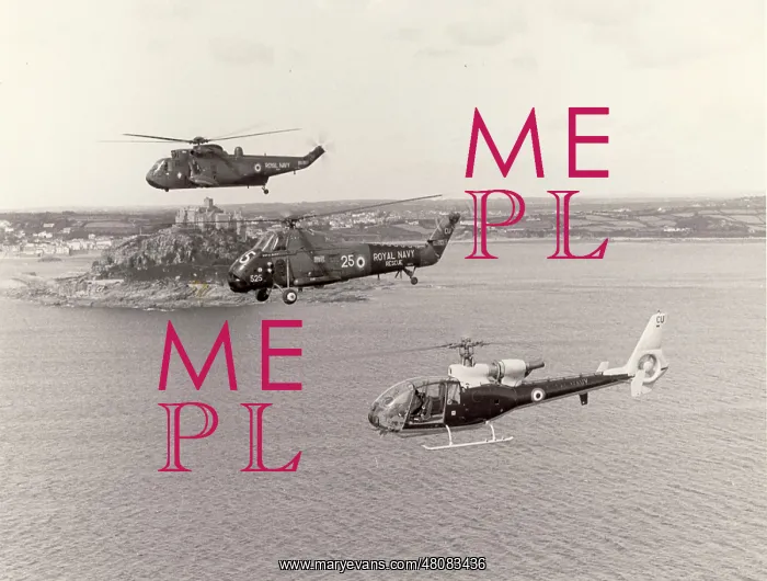 : Three Royal Navy helicopters alongside St Michael's Mount : Three Royal Navy helicopters alongside St Michael's Mount