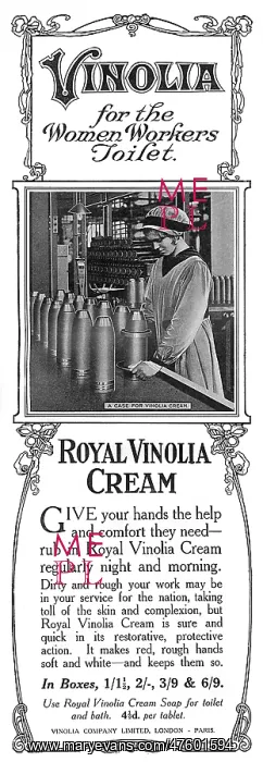 : Royal Vinolia Cream advertisement, munition worker, WW1 : Royal Vinolia Cream advertisement, munition worker, WW1
