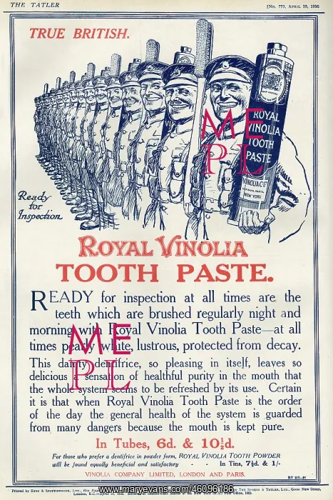: Royal Vinolia toothpaste advert, First World War : Royal Vinolia toothpaste advert, First World War