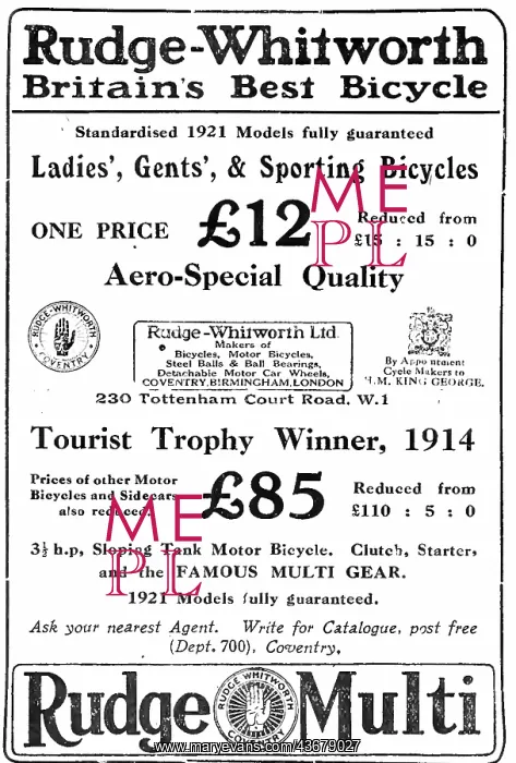 : Rudge-Whitworth Bicycles 1921 Rudge Multi : Rudge-Whitworth Bicycles 1921 Rudge Multi