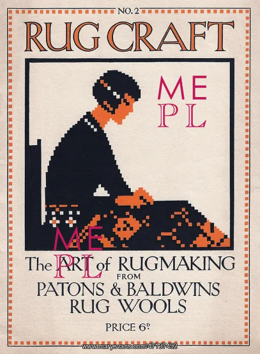 : Rug Craft. Art deco illustration of a woman making a rug with wools