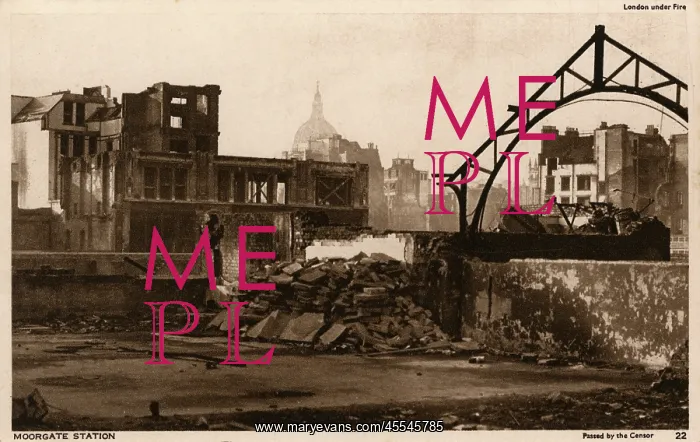 : Ruins of Moorgate Station, London - Blitz, WW2 : Ruins of Moorgate Station, London - Blitz, WW2