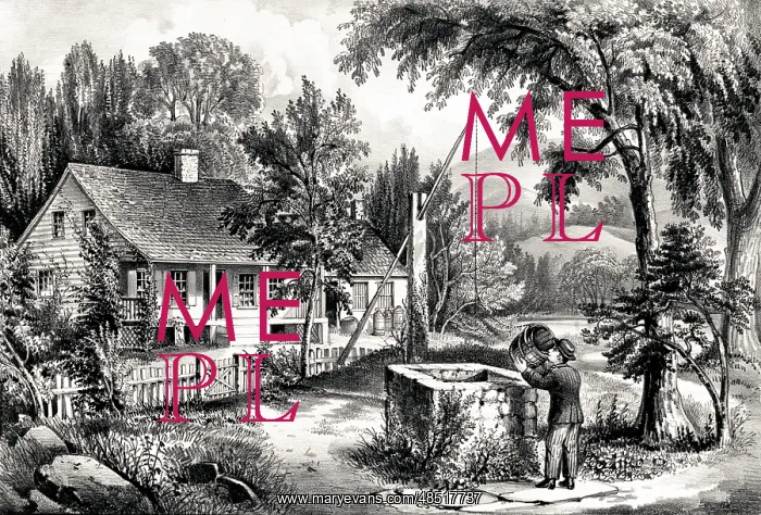 : Rural scene of a man drinking from a water well : Rural scene of a man drinking from a water well