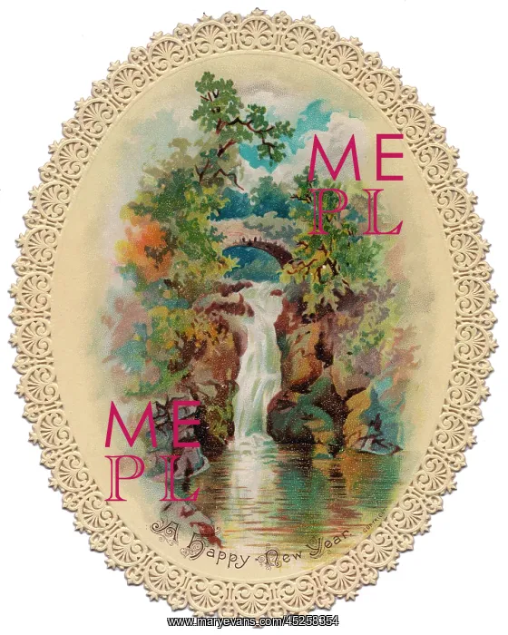 : Rural scene with waterfall on a New Year card : Rural scene with waterfall on a New Year card