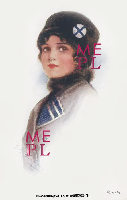 : Russia. Head and shoulders portrait of a patriotic young girl. Artist: Ethel Brisley : Russia. Head and shoulders portrait of a patriotic young girl. Artist: Ethel Brisley