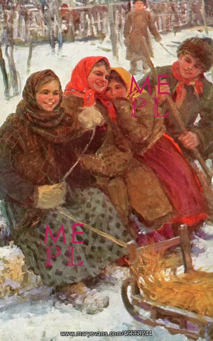 : Russian peasants in winter, sitting on a bench : Russian peasants in winter, sitting on a bench