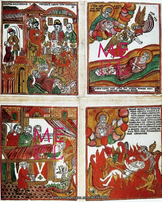 : Russian popular coloured woodcut of parables : Russian popular coloured woodcut of parables