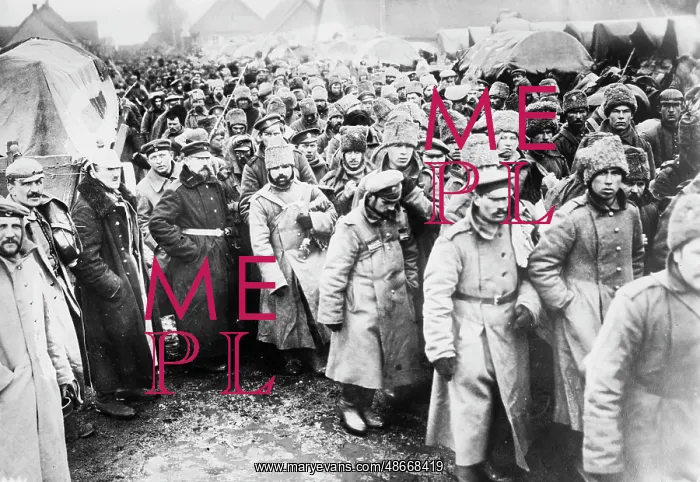 : Russian prisoners of war standing outdoors during : Russian prisoners of war standing outdoors during