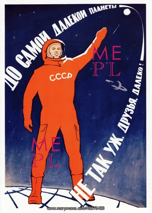 : Russian propaganda poster of a cosmonaut pointing to the sky : Russian propaganda poster of a cosmonaut pointing to the sky