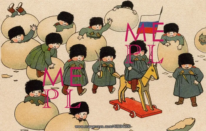 : Russian Soldiers hatching out of eggs - Easter Postcard : Russian Soldiers hatching out of eggs - Easter Postcard