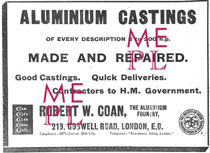 : R.W.Coan Aluminium Castings 1916 Advert : R.W.Coan Aluminium Castings 1916 Advert