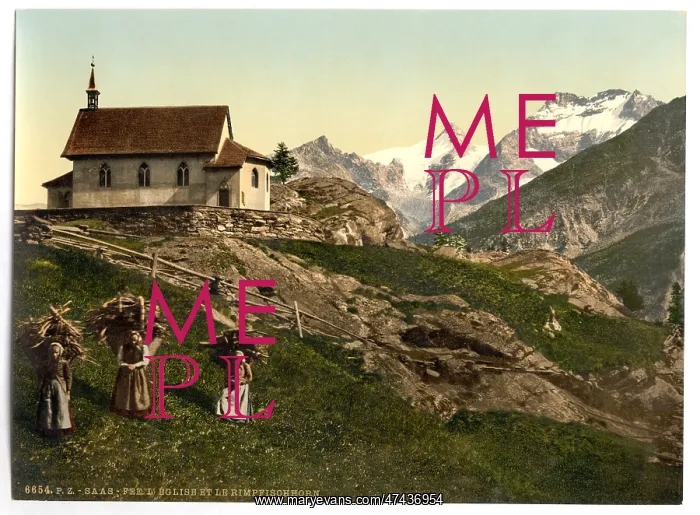 : Saas Fee, church and Rimpfischhorn, Valais, Alps of, Switzer : Saas Fee, church and Rimpfischhorn, Valais, Alps of, Switzer