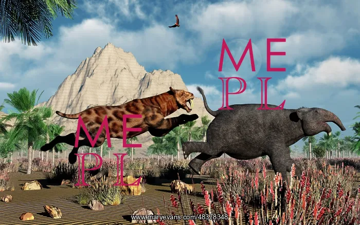 : A Sabre-Tooth Tiger attacking a young Deinotherium : A Sabre-Tooth Tiger attacking a young Deinotherium