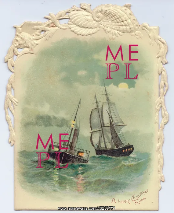 : Sailing ship and lightship on a Christmas card : Sailing ship and lightship on a Christmas card