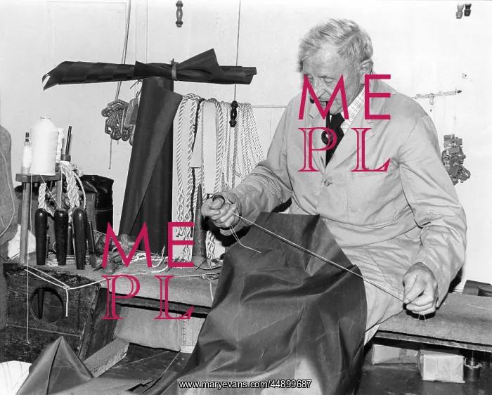 : Sailmaker at work, Penzance, Cornwall : Sailmaker at work, Penzance, Cornwall