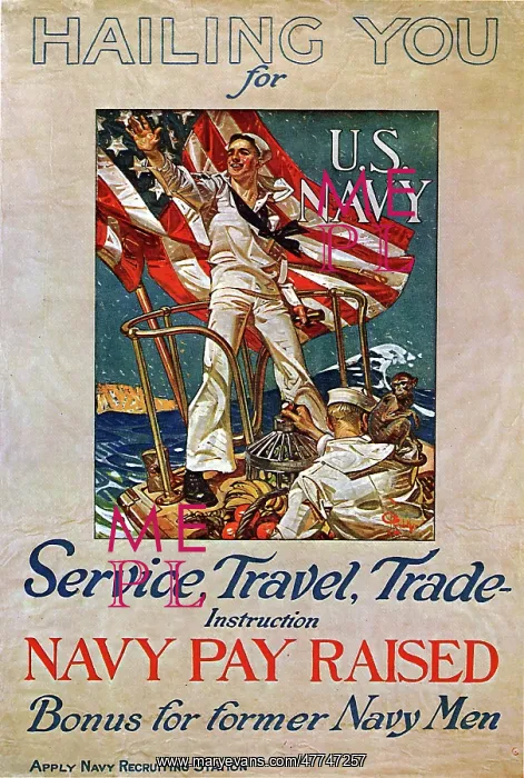 : Sailor on boat with monkey and fruit for US Navy Poster : Sailor on boat with monkey and fruit for US Navy Poster