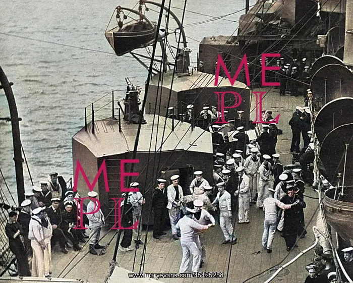 : Sailors dancing to ship's band on deck, WW1 : Sailors dancing to ship's band on deck, WW1